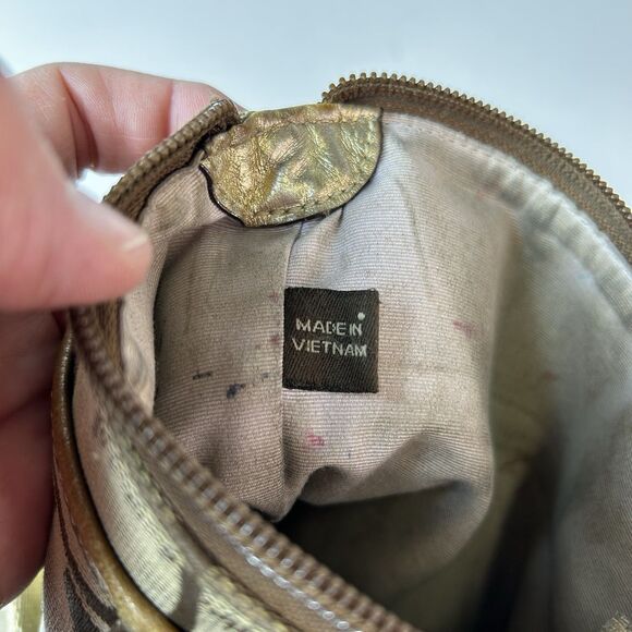 Coach Tan Brown Signature Canvas Champagne Gold Stripe Small Crossbody Bag - Picture 10 of 13